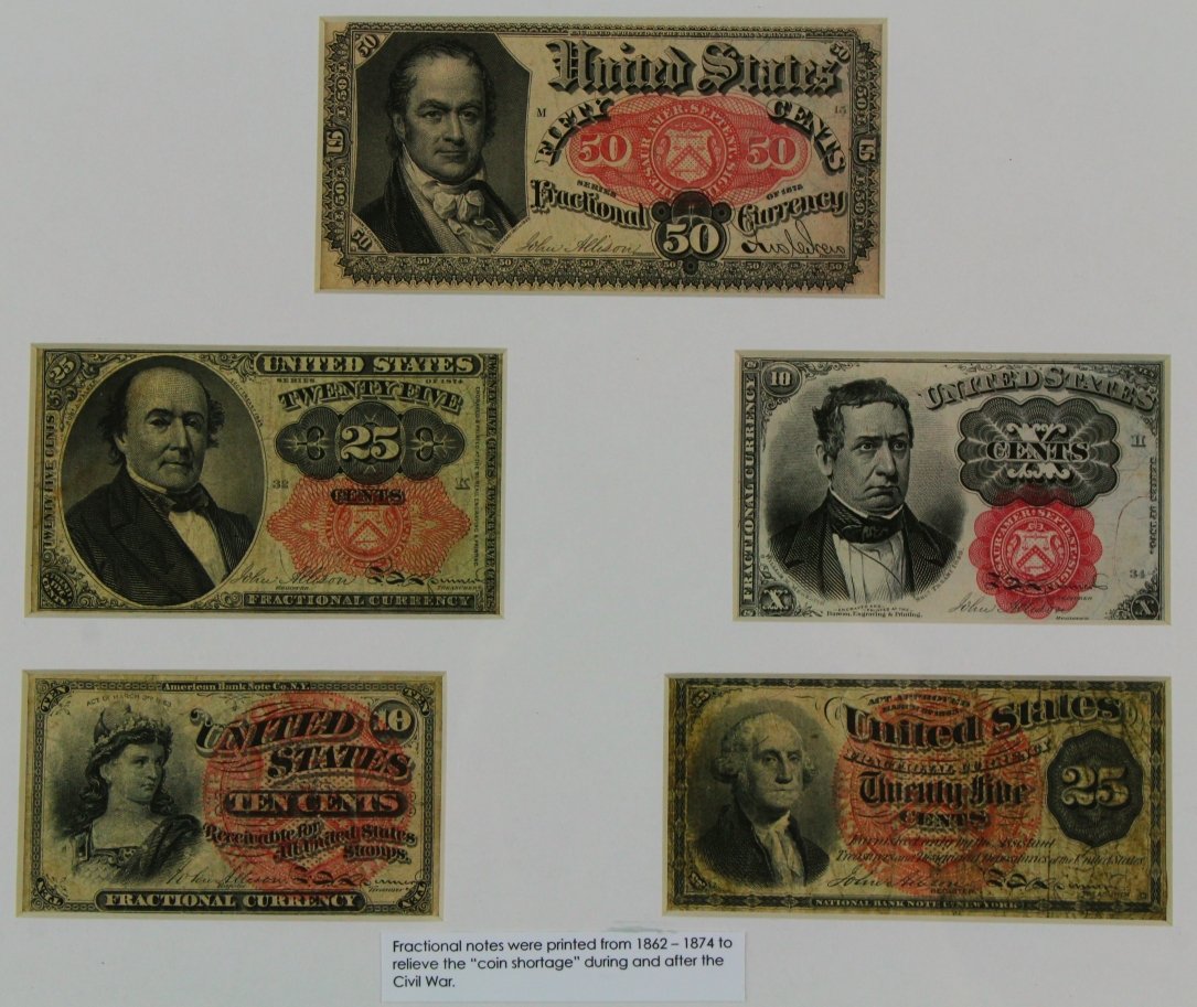 Framed set of Fractional Currency, 10-50 Cents: Description: 1. Fifth Issue (Design 187) Bust of William H. Crawford Secretary of the War and Secretary of the Treasury Department 1815-1825 design 187 obverse design 187 reverse FR1380 Red Seal. Prin