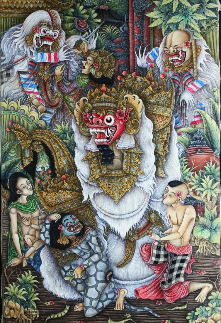 O/C Masked Figures, Bali, 2000: Description: Masked figures, warrior, maternal figure and child. Signed W. Kardana, Beneuyung, Ubud. History: Ubud is a town on the Indonesian island of Bali in Ubud District, located amongst rice pad
