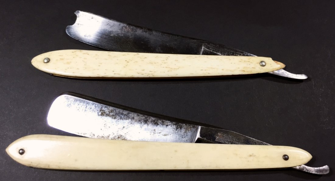 Razors, Two, Bone Handle, C. 1850: Description: These razors have narrow bone handles, one whale, the other undistinguished. Their tangs are marked with their maker insignias, Querelle and Sheffield. They are held by steel pins. Histor