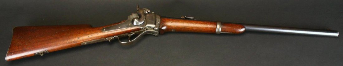 Scarce U.S. Navy Mdl.1859/1863 Sharps Carbine: Description: This is one of the early Model 1859 Sharps Carbine manufactured in 1863. It is a .52 caliber percussion breechloader with the Sharps pellet priming system. Markings include MODEL 1859 des