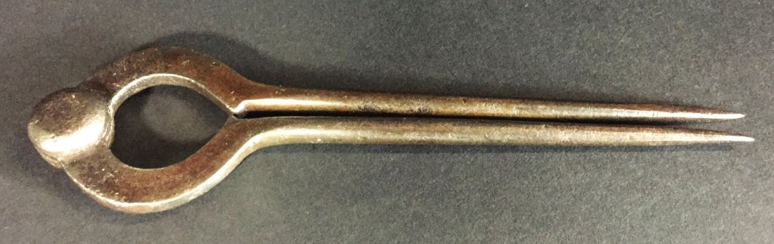 Dividers, Wrought Iron c. 1750: Description: Hand wrought iron calipers or dividers with a four part hinge, tapered and pointed legs. When closed it is a near heart shaped opening under the hinge. Likely mid- 18th century, American 