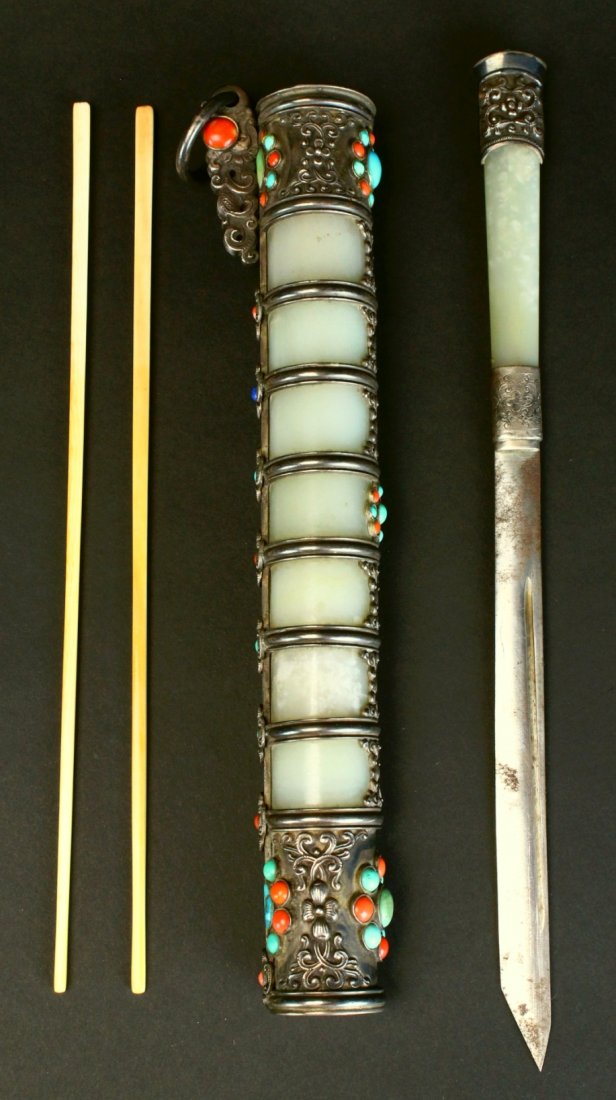 Chinese Jade Trousse Set, Ivory Chopsticks 19 C (1 of 8)