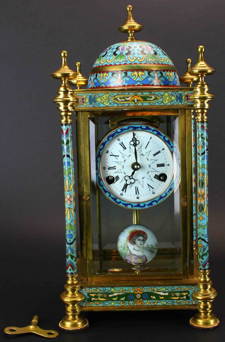 Cloissone Shelf Clock, Brass, Glass (1 of 10)