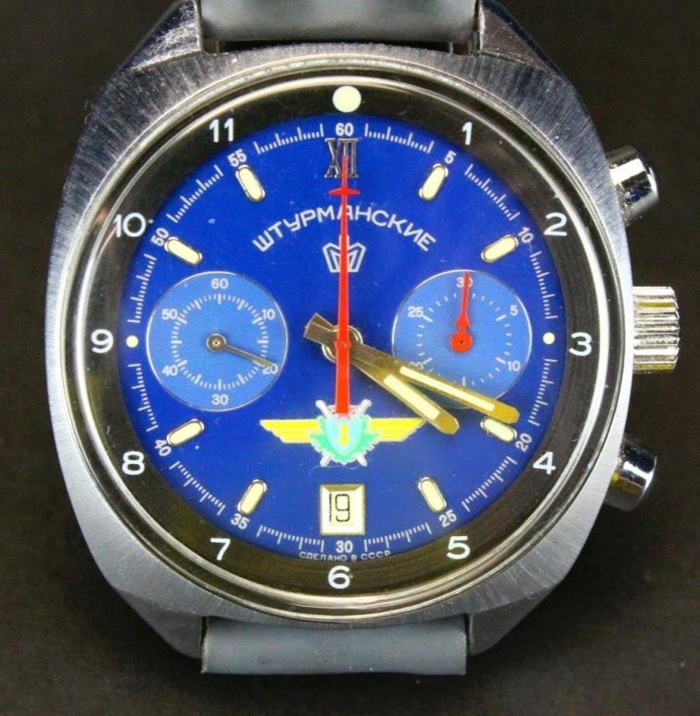 Watch, Russian Chronograph, Yuri Gagarin model: Description: Man's hand-winding, analog display, blue face with clasped grey leather band. Serial # 162063. History: N/A Provenance: N/A Dimensions: Weight (Pounds & Ounces) = 0.1875 | Height(in) =
