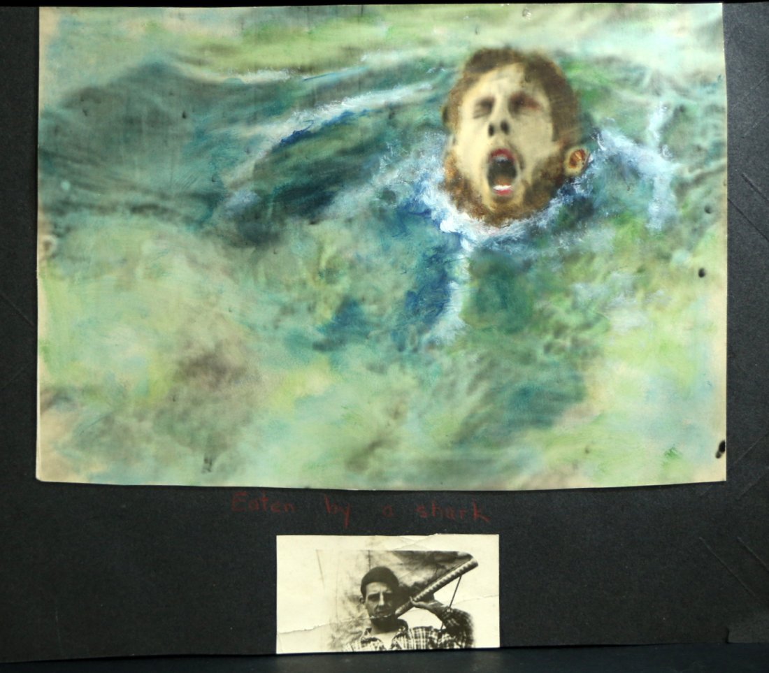 (2) Photos, Man Eaten By Shark, Crew Members: Description: Hand touched photos stating eaten by a shark along with photos of the man in life, one on deck of his whaling ship. History: N/A Provenance: n/a Dimensions: Weight (Pounds & Ounces) =