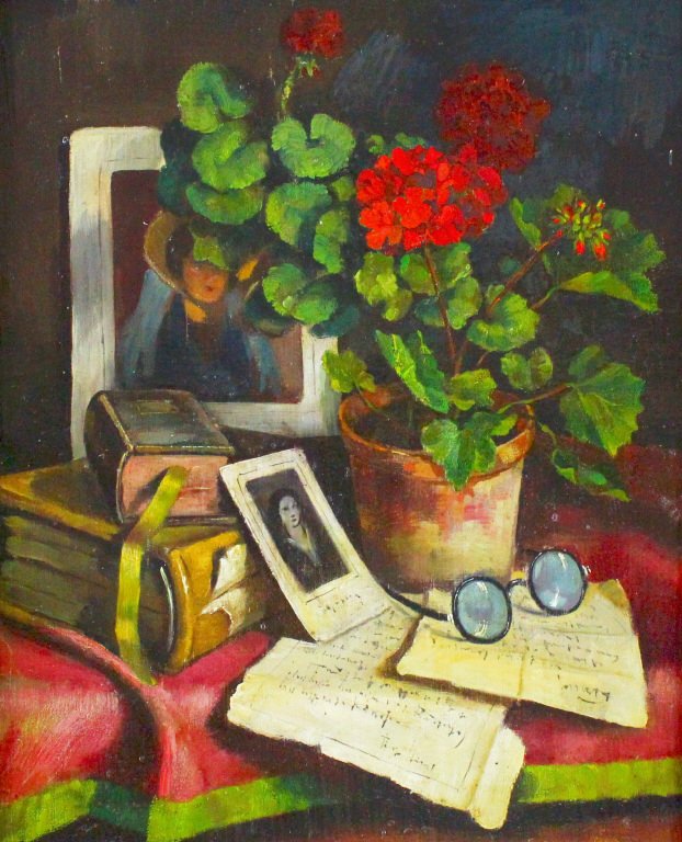 O/C Still Life w/Geraniums, Arisztid Szendy: Description: Oil on canvas painting depicting a still life featuring geraniums in a clay pot, letters eye glasses, books and photographs of a woman. Signed lower right, inscribed Paris. Retains the or