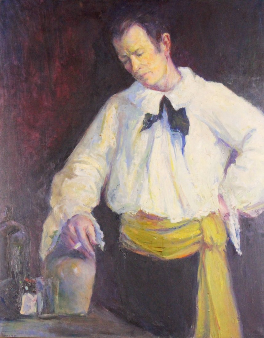 O/C Studio Portrait, Marion Huse, Spanish Costume: Description: Oil on canvas painting that depicts a man in the artist's studio dressed in Spanish attire. A yellow cummerbund is wrapped around the waist of his white shirt, with a black cravat at his 