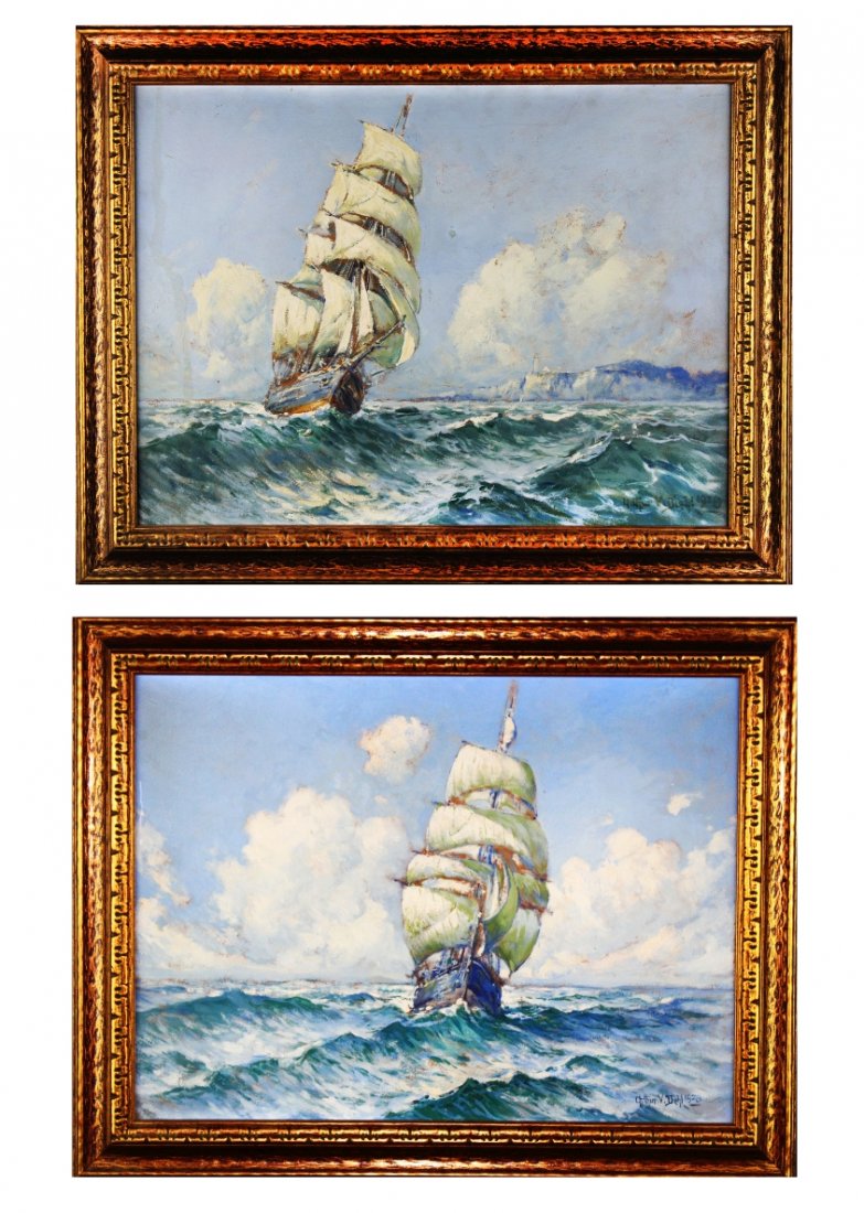 O/B Pair, Arthur Diehl Lighthous & Homeward Bound: Description: 1. Oil on board painting of a three masted sailing ship outward bound distancing a Massachusetts lighthouse. Signed and dated 1928. 2. Presumably the same vessel homeward bound under full