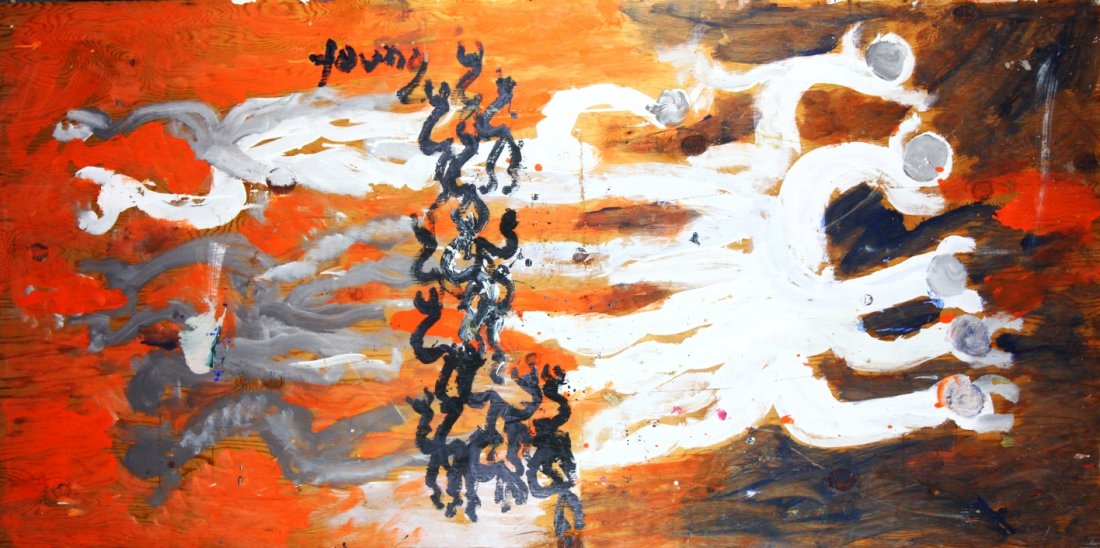 P/M, Figures Grey, White & Black, P Young, Miami: Description: Painting on masonite using various types of paint. Painting depicts abstract human figures in grey, white and black. The background is painted orange. History: Purvis Young (February 4, 1
