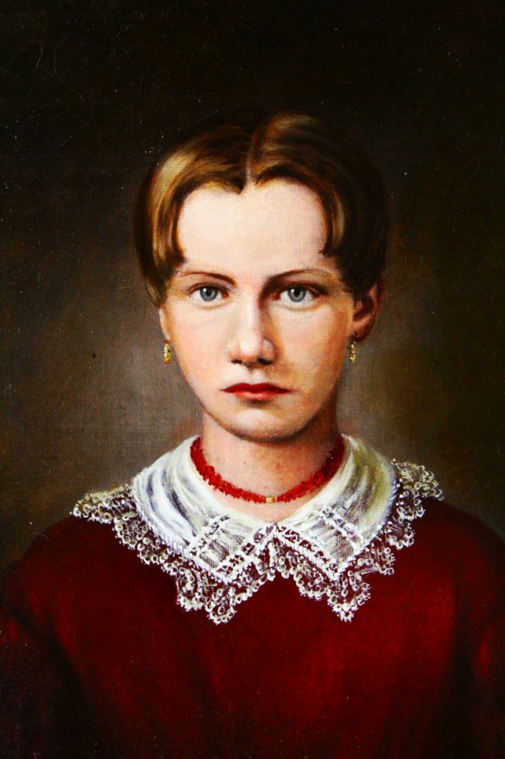 O/C Portrait, Young Woman, John Insco Williams: Description: Oil on canvas painting entitled "Young Woman" by John Insco Williams (1813-1873) is houses in an oval shaped frame, with an oval shaped canvas stretcher conforming to the frame. The frame