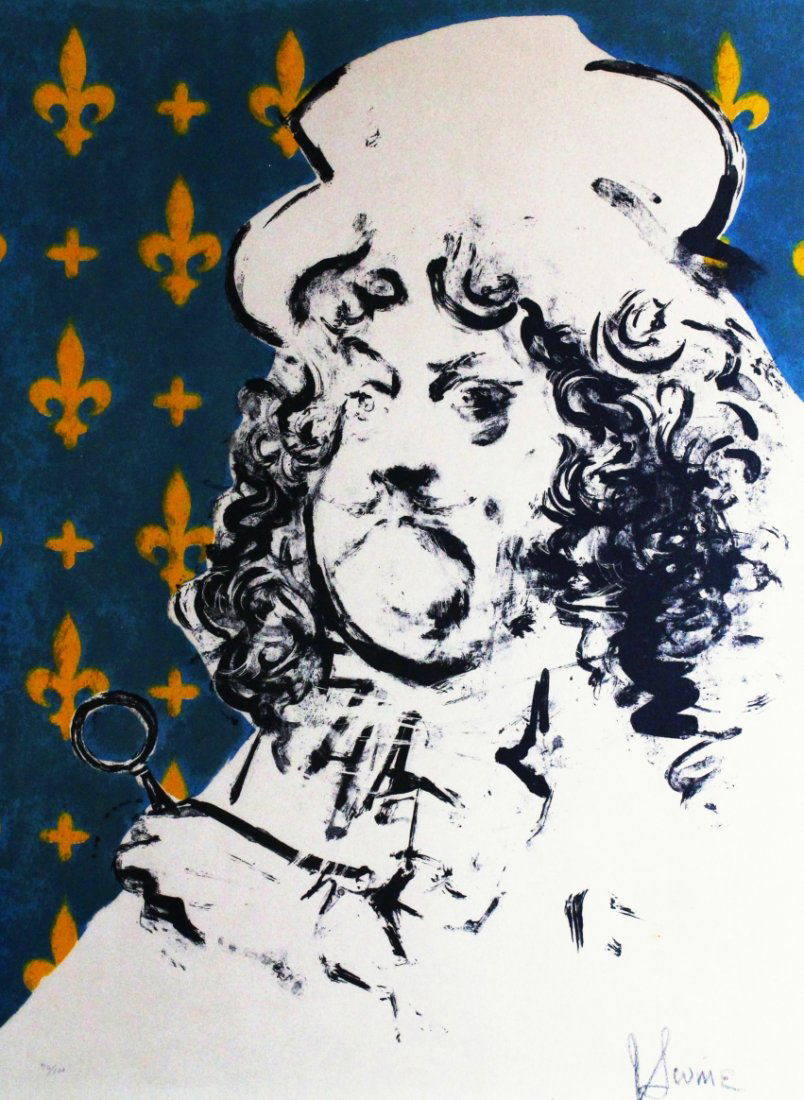 Lithograph, Jack Levine, "The Art Critic", 1984: Description: Jack Levine (American/New York, b. 1915) "The Art Lover", 1967, lithograph in black, blue and yellow ochre on Arches paper, signed lower right in black conte crayon "J. Levine", inscribed