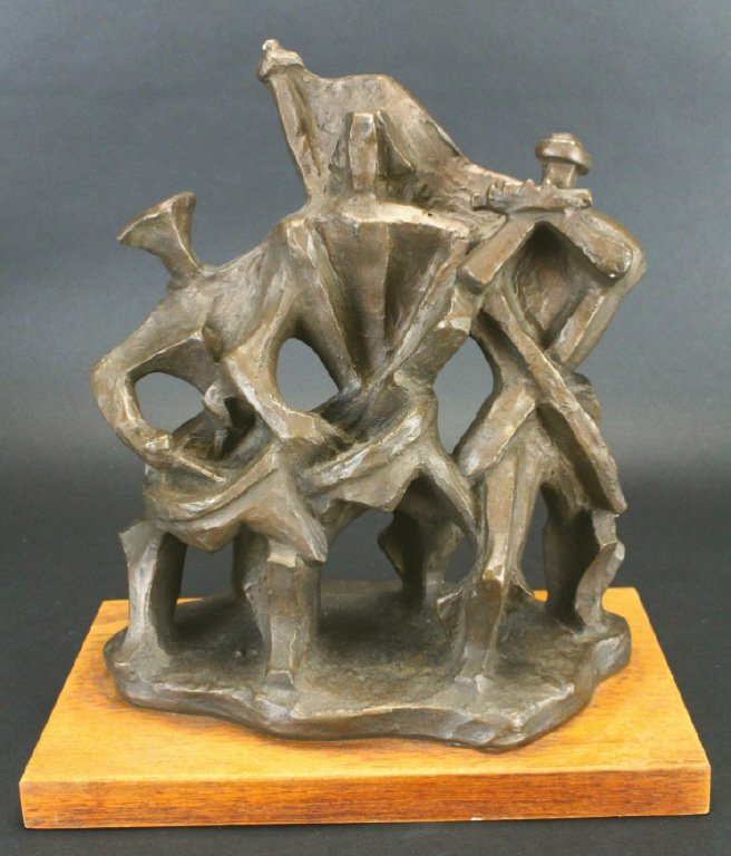 Minutemen Sculpture: Description: Plaster cast of "The spirit of 76" washed in a bronze finish. The cast is mounted on a mahogany base. History: N/A Provenance: Lorber Estates, Palm Beach, Fl. Dimensions: Wei