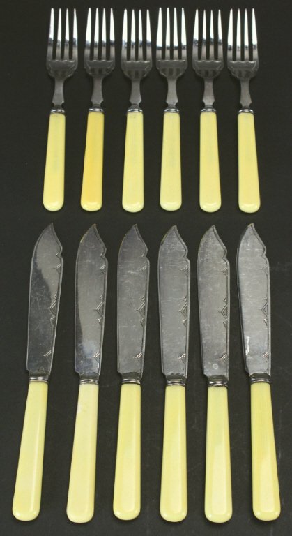 (12) Silverware Fish Cutlery: Description: Set of twelve piece silver finish fish cutlery. Includes six forks and six knives with bone handled marked Ryals EPNS A1 Made in England. History: The James Ryals company is a very old es