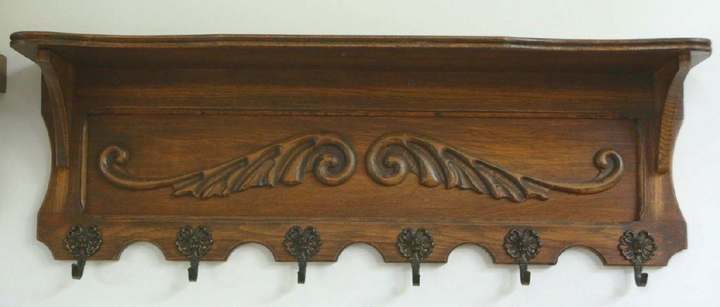 Coat Rack Shelf, Five Hooks, Oak, c 1910 (1 of 3)
