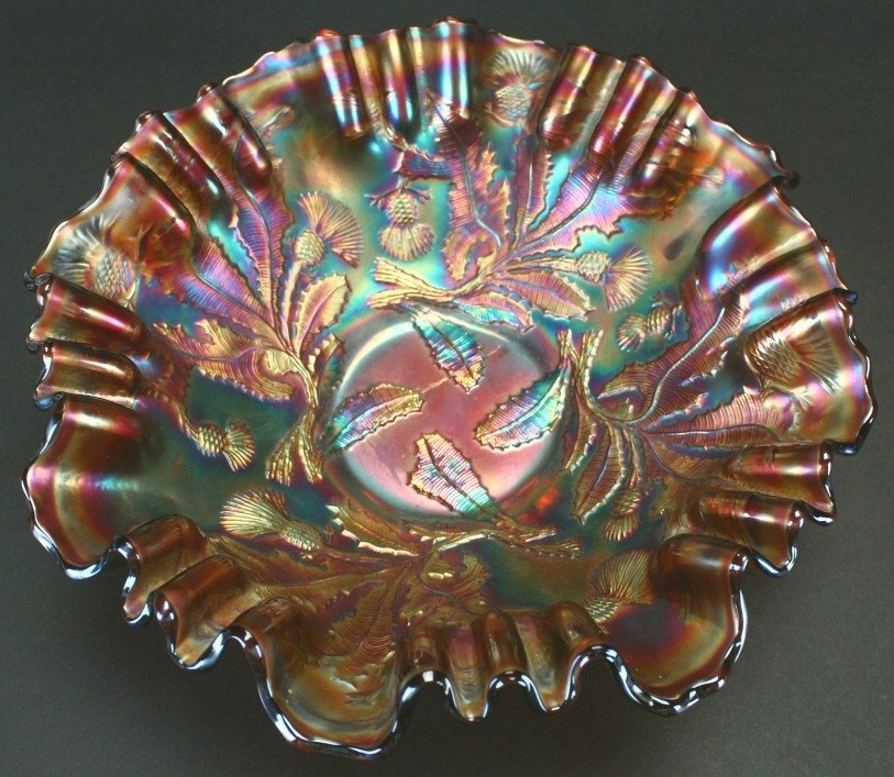 Carnival Glass Ruffled Bowl, Thistle (1 of 2)