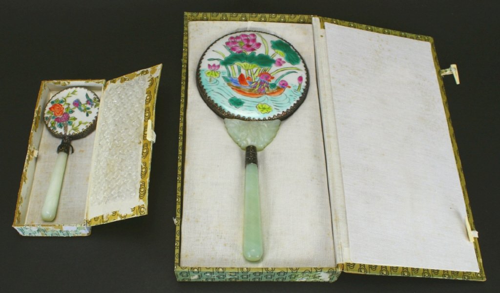 (2) Carved White Jade and Enamel Hand Mirrors (1 of 4)