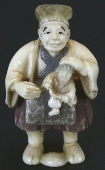 Netsuke Carved Ivory, Man & Man In Basket, Signed (1 of 5)