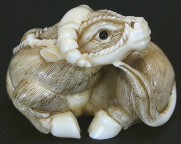Netsuke, Ivory Carving, Resting Ox, Signed (1 of 6)