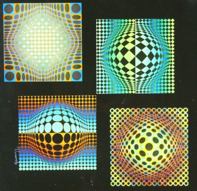Lithograph, Op Art, Victor Vasarely, Signed: Description: Four images on black background, signed with gouache "Vasarely", possibly a stamp. History: Victor Vasarely (French/ Hungarian: born VÃ¡sÃ¡rhelyi Gyozo , 9 April 1906 â€“ 15 Marc