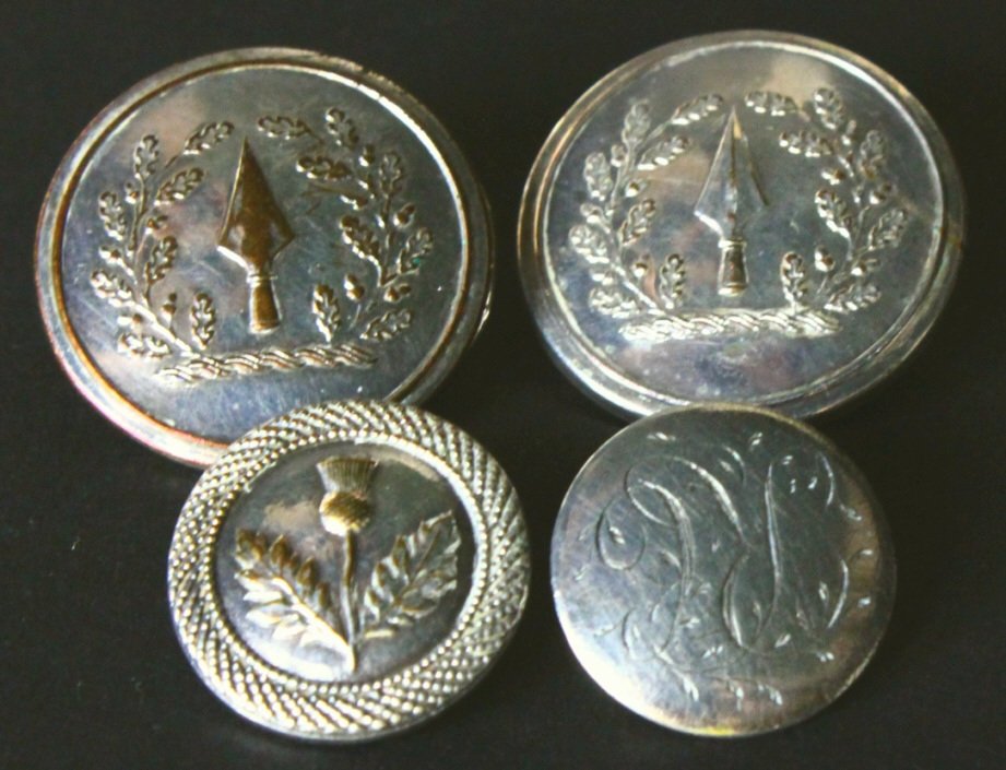 3 Military and Another Button: Description: 1. Pair marked by the Maker John Deakin, Sheffield having pike heads surrounded by oak leaves, on the reverse the Initials I D S are also cast, these are silver plated brass. 2. Silver pl