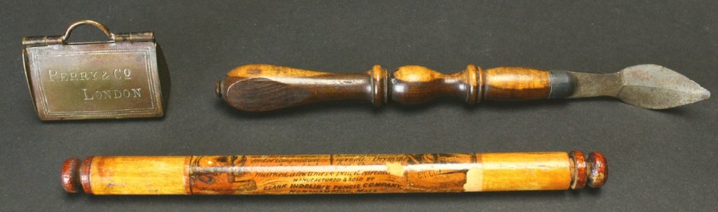 3 Writing Items, Perry & Co., Clark's: Description: 1. Perry & Co. brass pen tip holder with locations listed New York, Brussels, Amsterdam, London and Frankfort on one side and Perry & Co., London on the other. 2. Clark's Indelible 'Penci