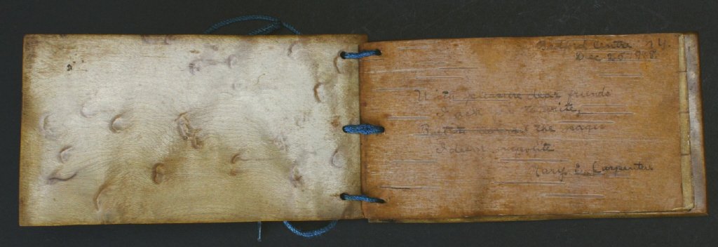 Mary E. Carpenter, Bedford Centre, New York: Description: Souvenir book with bird's eye maple covers and real birch bark paper leaves. Begun by Mary December 25, 1918 and continuing into 1919 with friends adding good wishes, etc. History: Birch