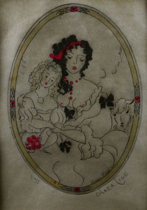 Lesbian Drawing, Pen, W/C/P, Clara Tice, 1915: This drawing depicts two women, one with a plunging neckline exposing her breasts. Beside the two women is a lamb. the woman on the left is blond, holding a bouquet of pink flowers. The woman on the r