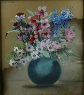 Pastel Bouquet of Flowers By Laura Coombs Hills: Signed "Laura Hills" in upper left hand corner. Pastel depicts a green vase full of flowers in white, purple, pink and blue hues.