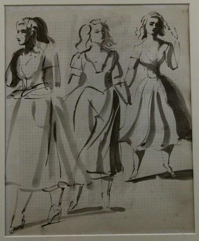 Ink and Wash, 3 Women, Reginald Marsh: This is an ink- wash drawing of three women in dresses.
