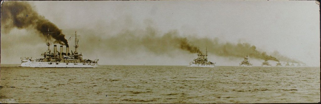 Period Photograph Great White Fleet, Waterman: Featuring the flagship Connecticut in the lead with eight others visible in succession. Stamped lower right Copyright 1907 by C. E. Waterman.