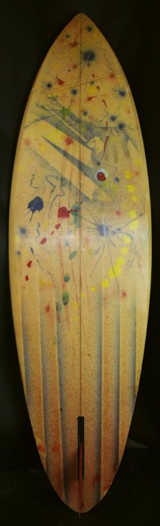 Surfboard, Fin, Fiberglass, 20th C.: This surfboard is made of fiberglass. It has the symbol for the Balestar company that produced it on the upward side, a red star on a cream background circled with blue. The downward side is decorated