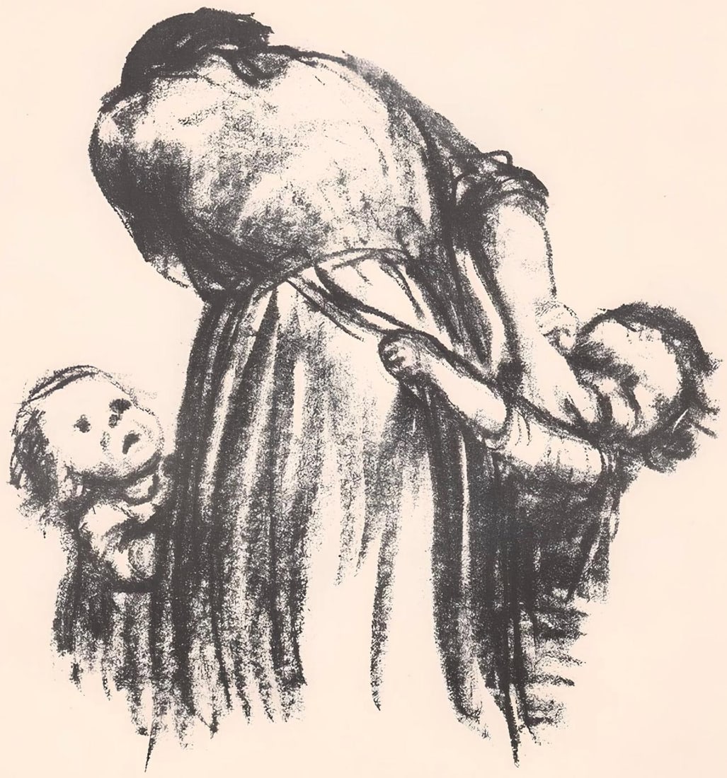 Kathe Kollwitz, Bread! (Brot!), Limited Edition Lithograph: Lithograph on velin paper. Paper size: 19 x 16 inches. Excellent condition, with centerfold, as issued. Unsigned and unnumbered, as issued. Notes: From the folio, Kathe Kollwitz, Ten Lithographs, 1941