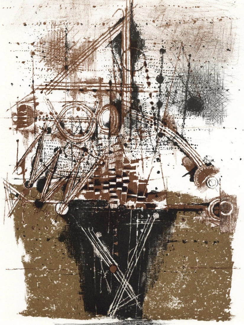 Johnny Friedlaender, Composition, XXe siecle, Limited Edition Lithograph: Lithograph on velin paper. Paper Size: 13.375 x 9.5 inches. Excellent condition. Inscription: Unsigned and unnumbered, as issued. Notes: From the volume, XXe Siecle, vol. n deg40, 1973. Published and