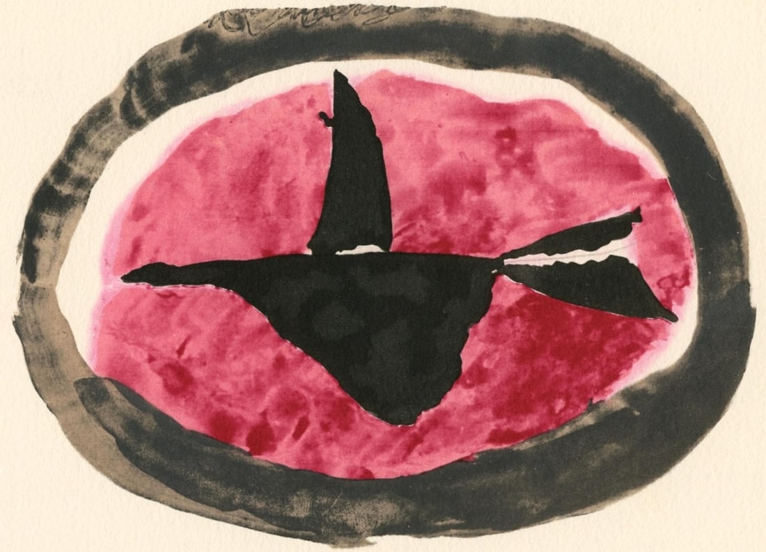 Georges Braque, Oiseau au couchant, Georges Braque, Le Solitaire, XXe siecle, Limited Edition: Lithograph, stencil on velin d'Arches paper. Paper Size: 7.25 x 9.375 inches. Inscription: Unsigned and unnumbered, as issued. Notes: From the album, Georges Braque, Le Solitaire, 1959. Published by X