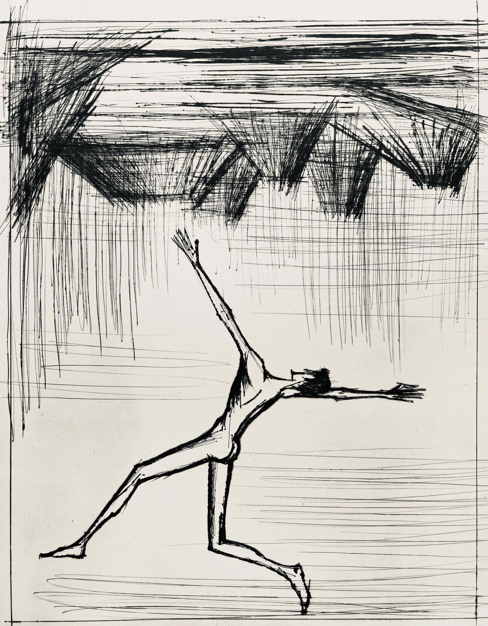 Bernard Buffet, Composition (Reinz 208-222), Voyages Fantastiques, Limited Edition Etching: Drypoint etching on papier de Rives B.F.K. pur fil paper. Paper size: 16.125 x 12.875 inches. Excellent condition. Unsigned and unnumbered, as issued. Notes: From the folio, Voyages fantastiques aux E