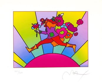 Peter Max, Flower Jumper over Sunrise, Version II, Hand Signed, Official Limited Edition Lithograph