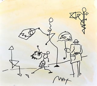 Peter Max, Umbrella Man, Hand Signed, Mixed Media Watercolor and Silkscreen Painting