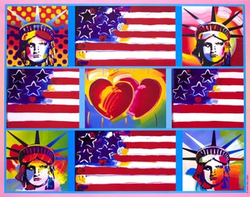 Peter Max, 4 Liberty Heads, 2005, Hand Signed, Official Edition Offset Lithograph
