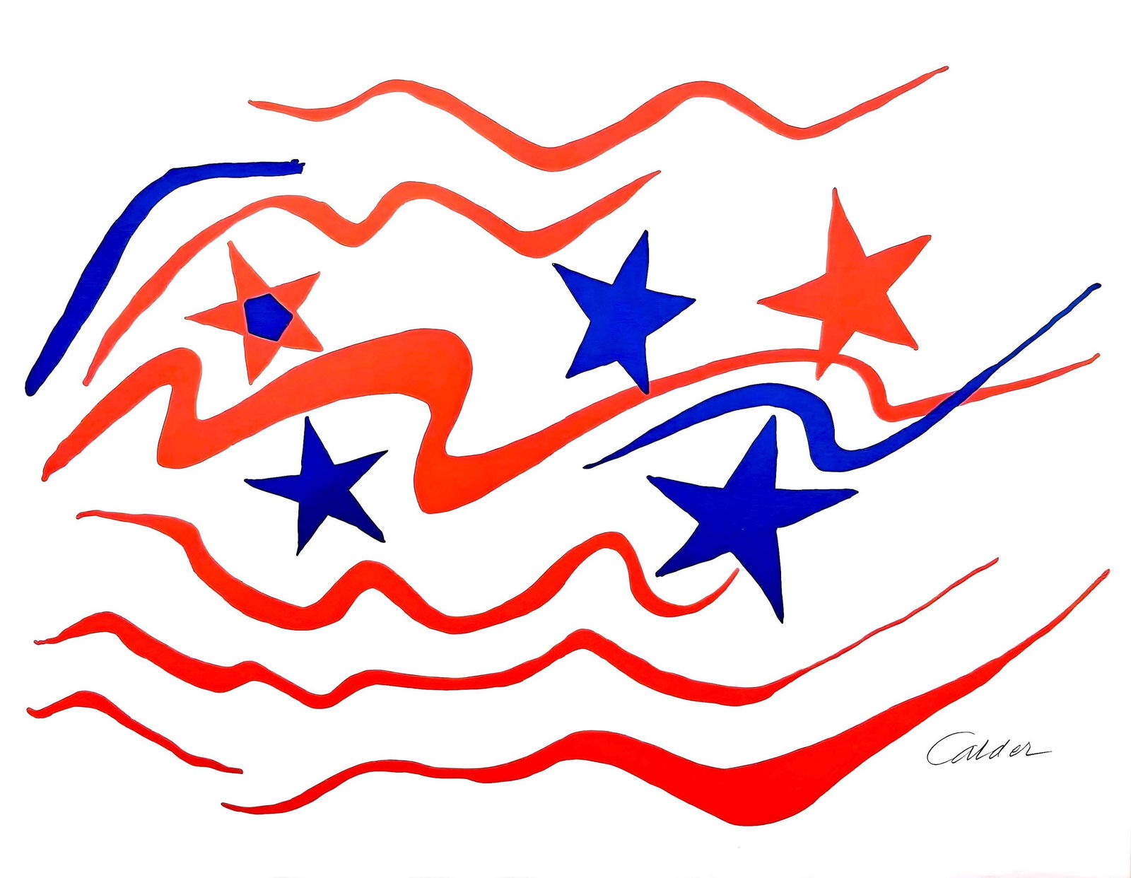 Alexander Calder, Stars and Stripes, Braniff International Airways Flying Colors Collection, Limited: Lithograph on velin paper. Paper Size: 12.5 x 15.25 inches. Excellent condition. Inscription: Signed and dated in the plate, embossed with the official Braniff Flying Colors Collection seal, and unnum