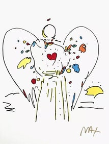 Peter Max, Angel with Heart, Hand Signed, Mixed Media Watercolor and Silkscreen Painting