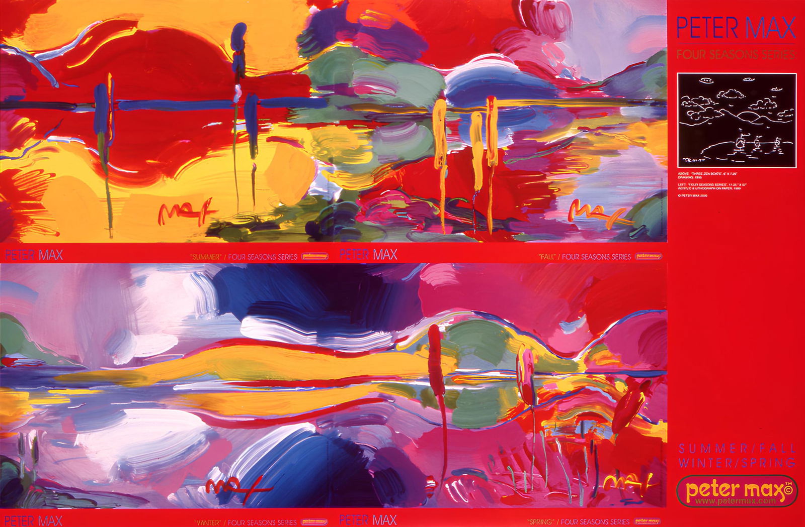 Peter Max, Four Seasons Series, 2000, Hand Signed, Official Edition Offset Lithograph: Offset lithograph in colors on gloss archival paper. Paper size: 24 x 36 inches. Inscription: Hand signed by Peter Max in ink and unnumbered, as issued. Condition: Excellent. Notes: Published and prin