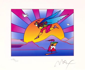 Peter Max, Winged Flyer With Sunrise, Version II, Hand Signed, Official Limited Edition Lithograph