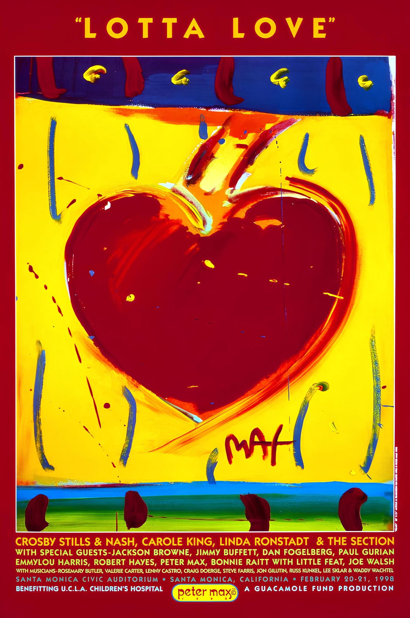 Peter Max, Lotta Love, 1998, Hand Signed, Official Edition Offset Lithograph: Offset lithograph in colors on gloss archival paper. Paper size: 36 x 24 inches. Inscription: Hand signed by Peter Max in ink and unnumbered, as issued. Condition: Excellent. Notes: Published and prin