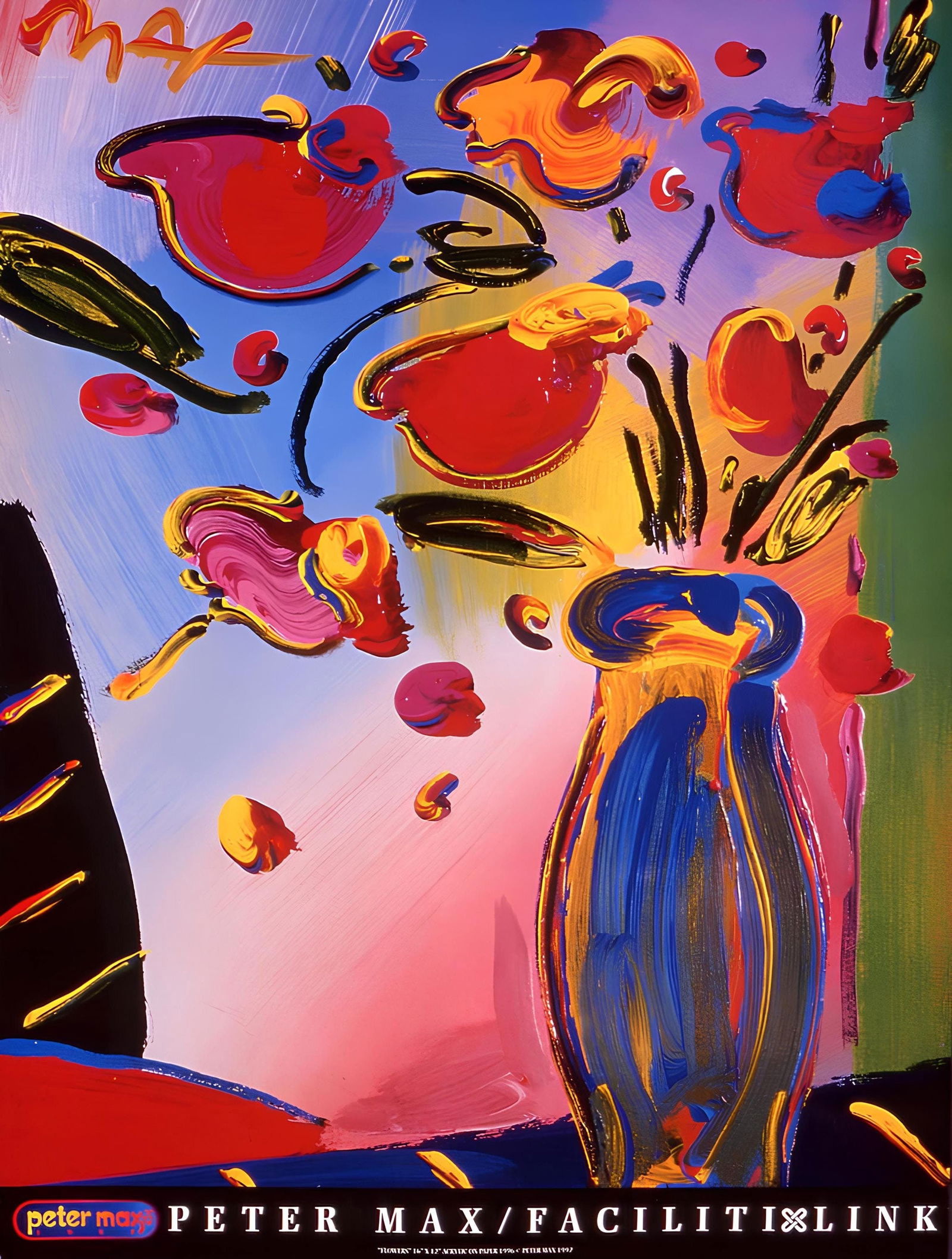 Peter Max, Faciliti-Link Flowers, 1997, Hand Signed, Official Edition Offset Lithograph: Offset lithograph in colors on gloss archival paper. Paper size: 24 x 18 inches. Inscription: Hand signed by Peter Max in ink and unnumbered, as issued. Condition: Excellent. Notes: Published and prin