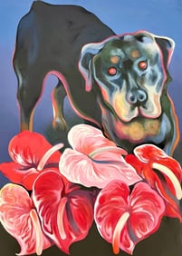 Lowell Nesbitt, Animal Series (Rottweiler Dog with Flowers), Original Painting