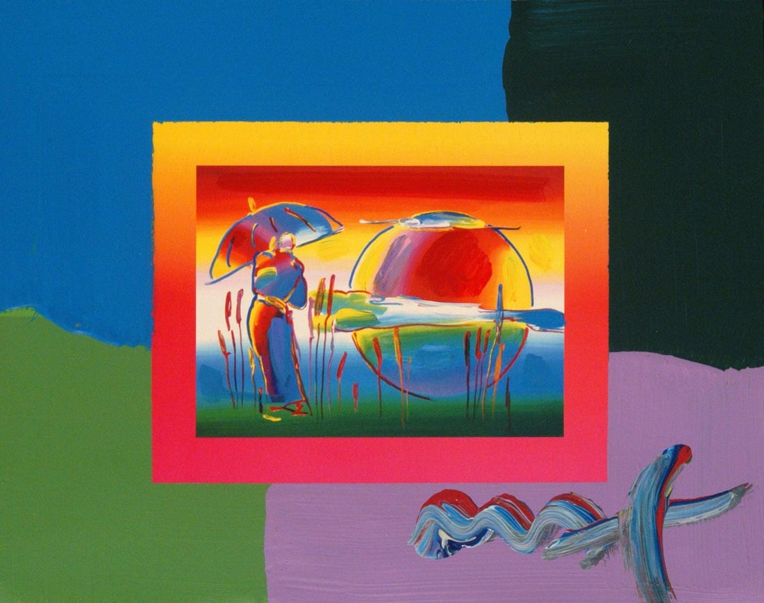 Peter Max, Rainbow Umbrella Man on Blends, Hand Signed, Official Edition Mixed Media: Acrylic paint, lithograph in colors on Lustro Saxony paper. Paper size: 10 x 12.75 inches. Inscription: Hand signed by Peter Max and unnumbered, as issued. Condition: Excellent. Notes: Published by Vi