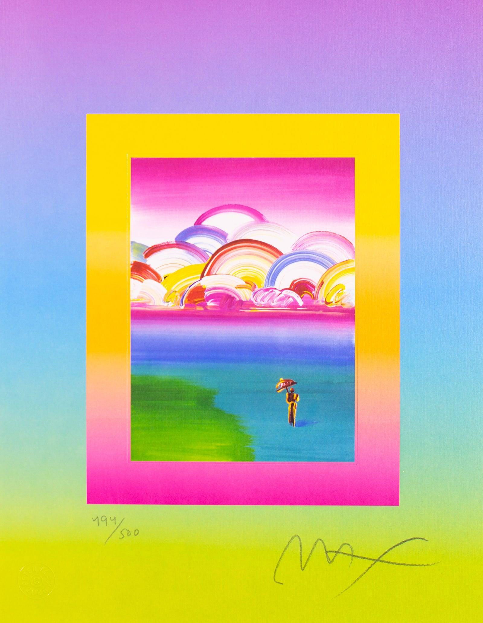 Peter Max, Umbrella Man with Rainbow Sky on Blends, Hand Signed, Official Limited Edition Lithograph: Lithograph in colors on fine archival paper. Paper size: 12.75 x 10 inches. Inscription: Hand signed by Peter Max and numbered, as issued. Condition: Excellent. Notes: Published and printed by Via Max