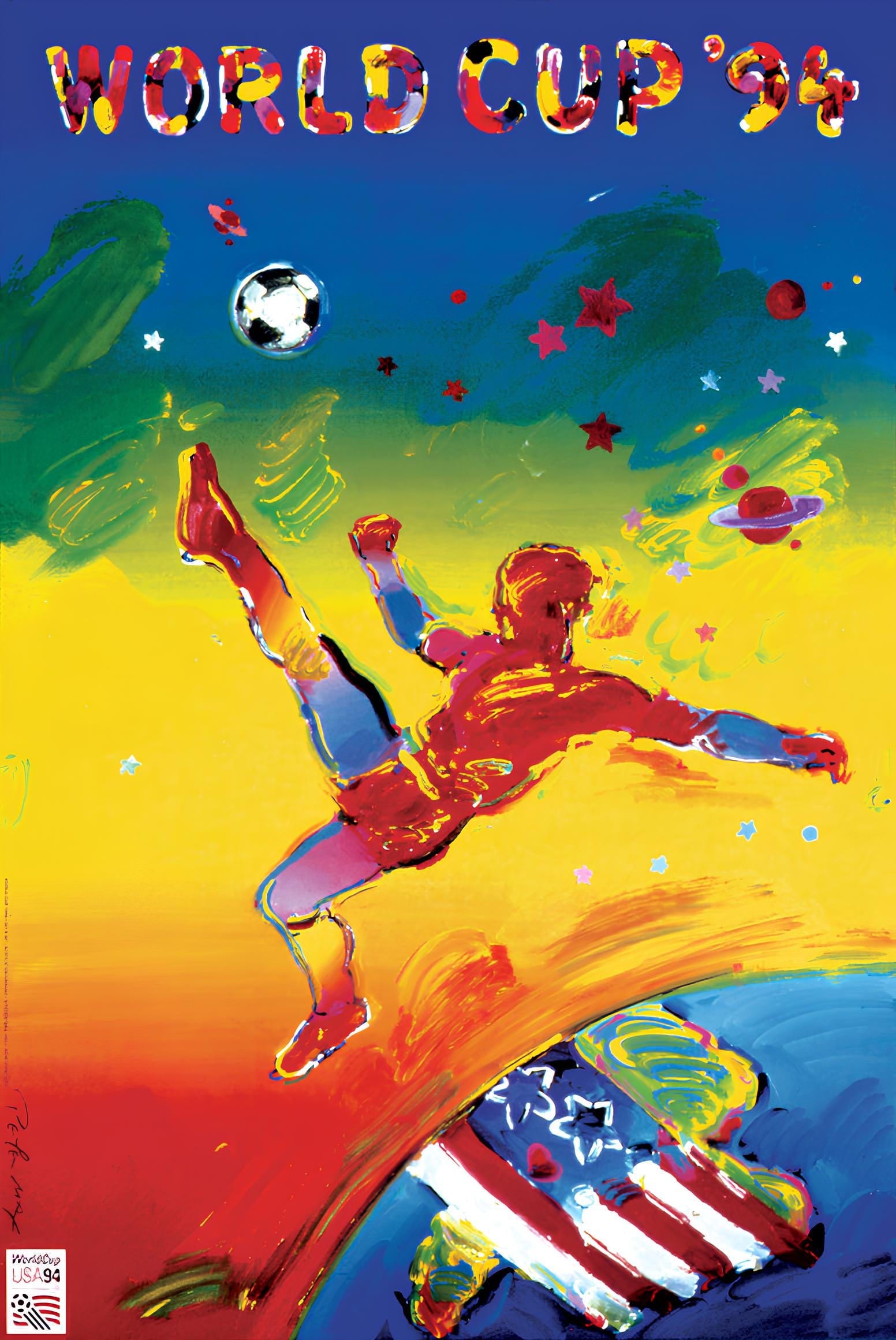 Peter Max, World Cup '94, 1994, Hand Signed, Official Edition Offset Lithograph: Offset lithograph in colors on gloss archival paper. Paper size: 36 x 24 inches. Inscription: Hand signed by Peter Max in ink and unnumbered, as issued. Condition: Excellent. Notes: Published and prin