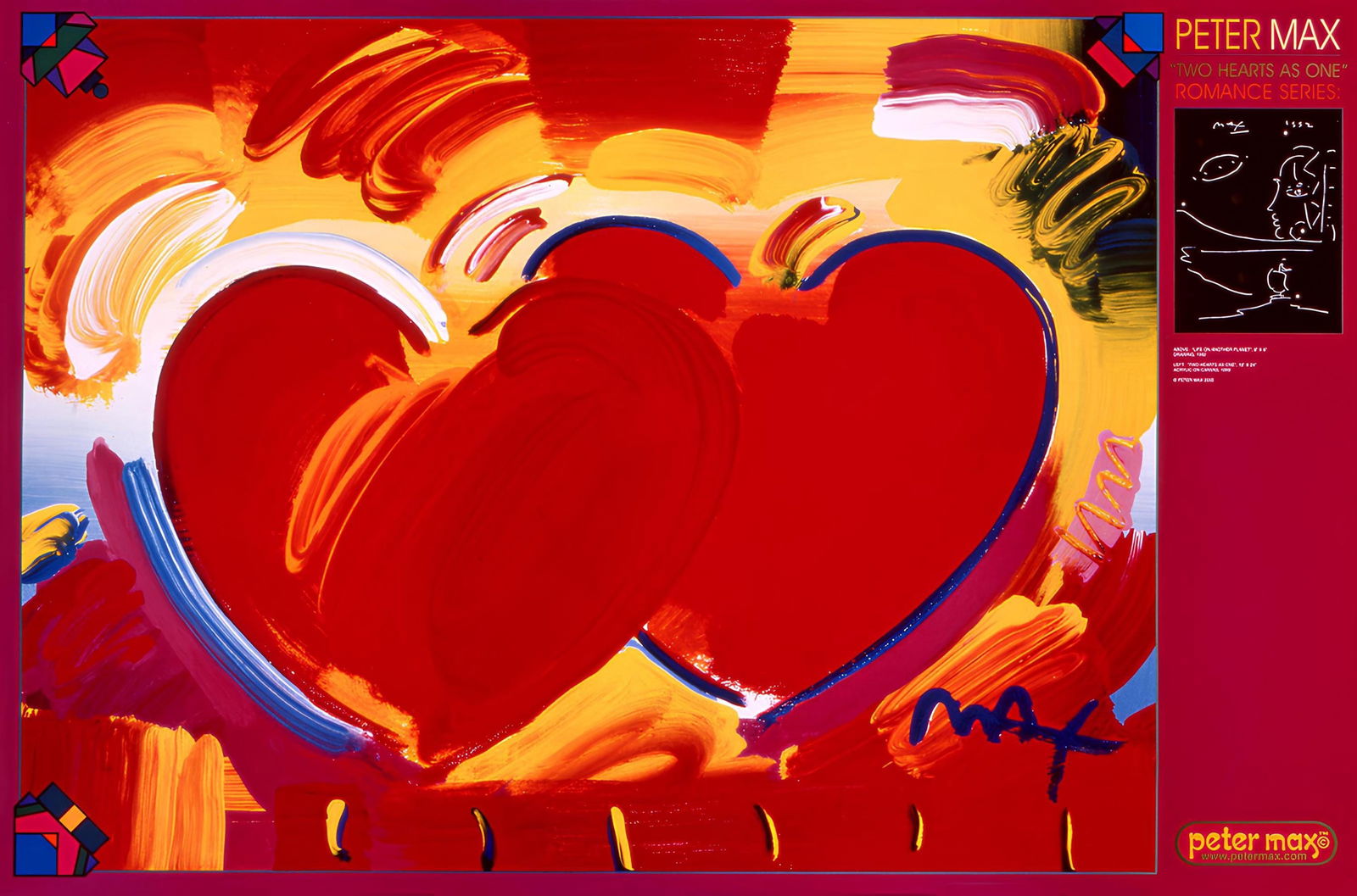 Peter Max, Two Hearts as One, 2000, Hand Signed, Official Edition Offset Lithograph: Offset lithograph in colors on gloss archival paper. Paper size: 24 x 36 inches. Inscription: Hand signed by Peter Max in ink and unnumbered, as issued. Condition: Excellent. Notes: Published and prin