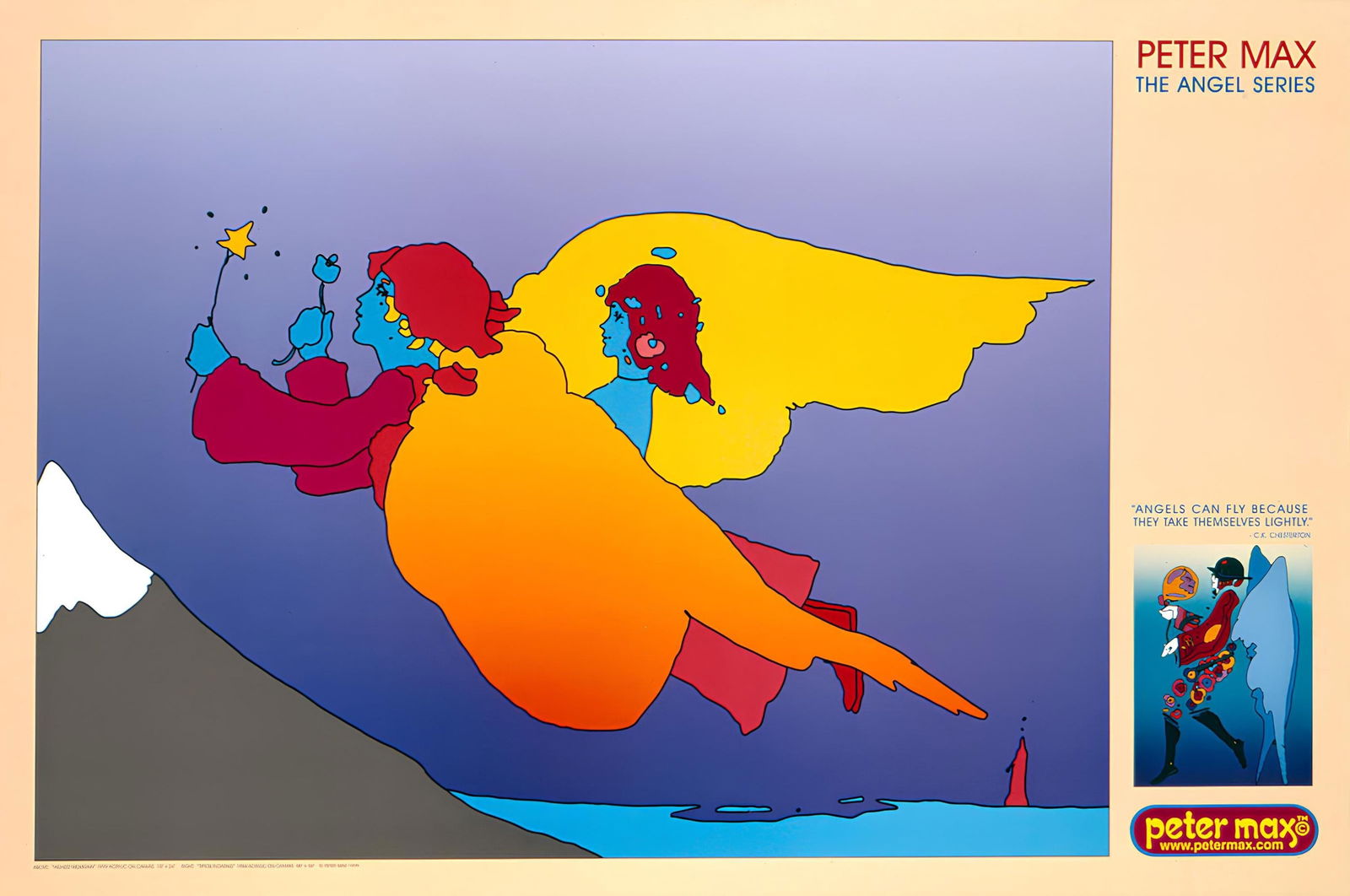 Peter Max, Cosmic Flyer, 2000, Hand Signed, Official Edition Offset Lithograph: Offset lithograph in colors on gloss archival paper. Paper size: 24 x 36 inches. Inscription: Hand signed by Peter Max in ink and unnumbered, as issued. Condition: Excellent. Notes: Published and prin